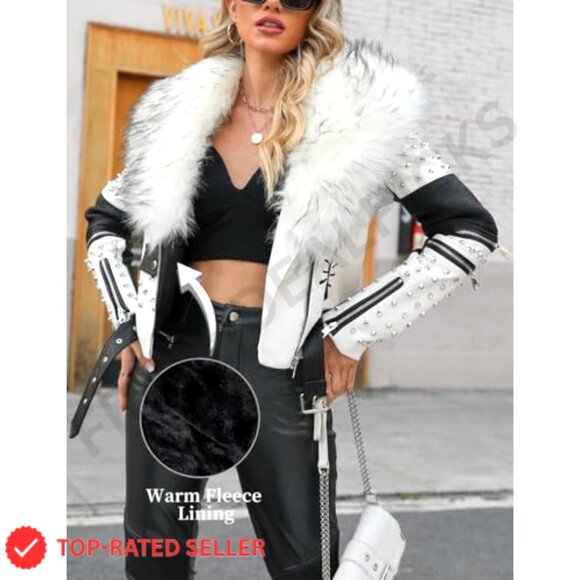 Faux Leather Jacket Studded Rivet Floral Moto Biker Short Lapel Coat - Picture 4 of 7